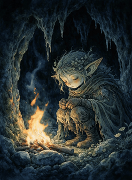 AI generated video: A small goblin girl with pale green skin, long pointed ears, and a crown of…