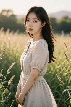 AI generated video: A young woman is standing in a field, her long hair is blowing in the wind, The…