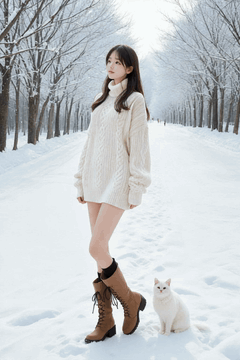 AI generated video: A woman in a cream colored sweater walks off the snow, A white cat sits next to…