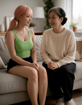AI generated video: <Subject 0> is the woman with pink hair in a ponytail and green tank top shown…