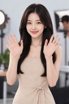 AI generated video: A young woman smiles at the camera and waves, Her long hair shakes slightly…