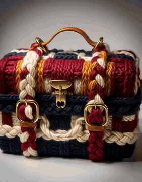 AI generated video: WoolWorld, a steamer trunk wrapped in patchwork knitted panels of burgundy…
