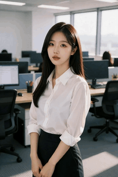 AI generated video: A woman in the office is standing still while staring at the camera, with long…