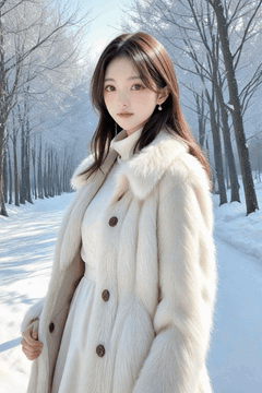 AI generated video: A young woman standing on a winter forest path slowly turns her body, Thin…
