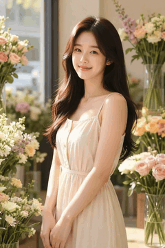 AI generated video: a long brown haired woman stands in a flower shop and smiles, The wind slowly…