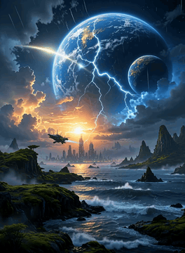 AI generated video: z1os, imagination, epic world, giant glowing planet and a small planet, furious…