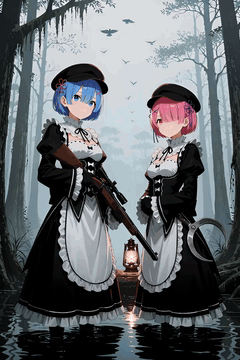 AI generated video: Anime digital illustration of Rem and Ram from Re:Zero as Hunt: Showdown 1896…