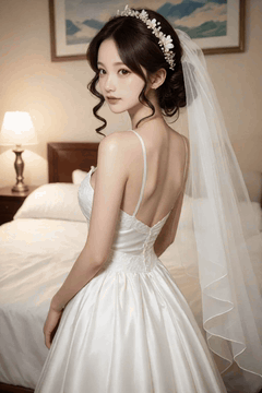 AI generated video: the bride slowly turns around the bedroom, The veil is scattered in the soft…