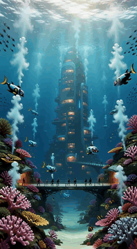 AI generated video: c1tr0nL4nd, futuristic underwater city of tall dark blue towers with glowing…