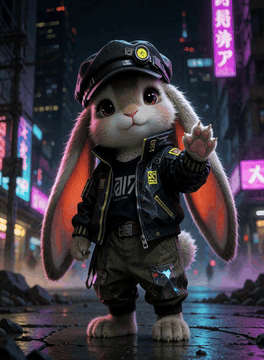 AI generated video: An adorable 25-year-old fluffy anthropomorphic bunny with very long, floppy…