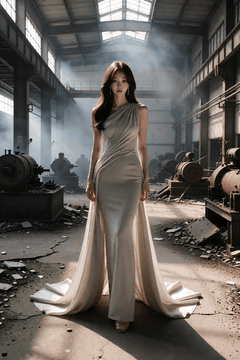 AI generated video: A woman in a long dress is walking slowly inside an abandoned factory, The hair…