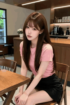 AI generated video: A young woman sitting in a cafe, long hair shakes softly and, Leaves swaying in…