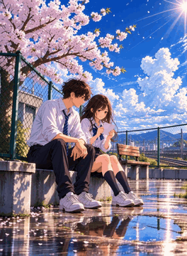 AI generated video: z1os, 100% anime, cinematic romantic scene on a Japanese school rooftop in…