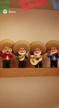 AI generated video: Animate similar Mariachi Band Shelf Gnomes playing traditional mariachi music