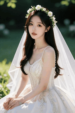 AI generated video: wedding dress is sitting, and the green leaves around, The veil swings lightly…