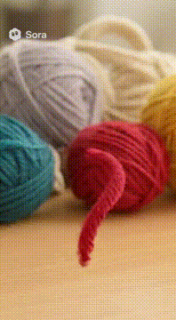 Видео, сгенерированное нейросетью: Several strands of yarn stretch from a ball of yarn, quickly knitting the Tokyo…