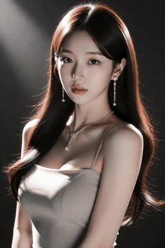 AI generated video: The woman poses, and the, The long hair swings softly in the wind, The light…