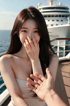 AI generated video: A woman covers her mouth with her hands on the cruise deck and smiles, Her long…