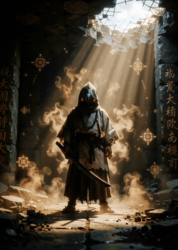 AI generated video: A hooded warrior monk stands motionless in an ancient ruined temple, wearing…