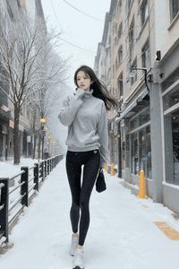 AI generated video: A young woman walks along a snowy city sidewalk,, her long hair is blowing in…