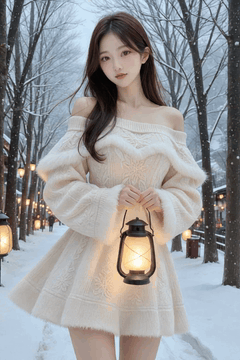 AI generated video: A young woman is standing on a snowy road with a lantern,, her long hair is…