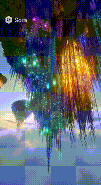 AI generated video: “The Inverse Garden” Flora grows downward from sky platforms into the clouds…