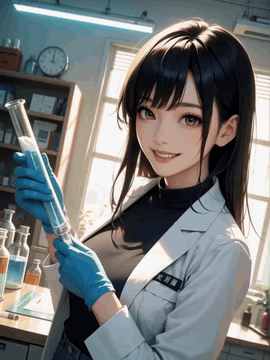 AI generated video: The scientist says "Check this out," and she moves the test tube closer to the…