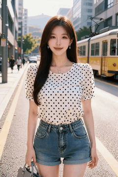 AI generated video: A young woman is walking slowly on a city street, long hair swaying in the…