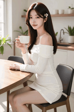 Видео, сгенерированное нейросетью: A woman sits at the table holding a coffee cup and smiles, The sunshine seeps…