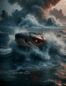 AI generated video: Cinematic slow-motion shot, a colossal mechanical shark with intricate rusty…