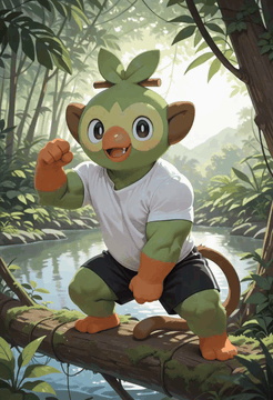 AI generated video: A full-body shot of Grookey, a small green-furred monkey creature from Pokémon…