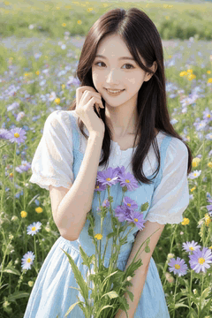 AI generated video: A young woman standing in a flower garden is holding flowers and smiling, and…