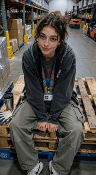 AI generated video: Starting from the provided image, a young woman sitting on wooden pallets…