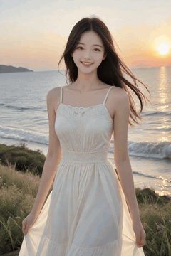 AI generated video: A young woman on the seaside hill is standing with a smile,, Her long hair…