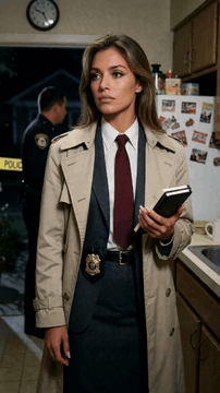 AI generated video: The detective speaks to her colleague off-camera, grave and authoritative…