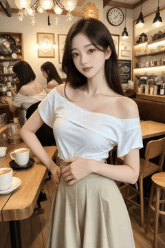 AI generated video: A young woman is leaning back inside a cafe, and the other women in the, her…