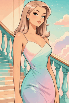 AI generated video: On a grand marble stairway beneath a holographic sky, a woman in an…