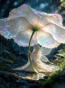 AI generated video: A quiet rain falls down around the fairy, but she stays dry because of her…