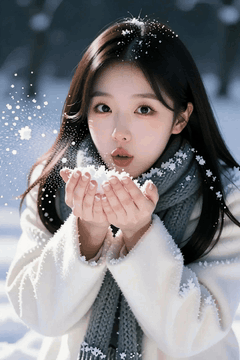 AI generated video: the woman blows away the eyes she holds in her hands, and the, Snow is…