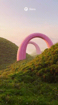 AI generated video: An all pink archway on top of a surreal mossy hill. The camera passes through…