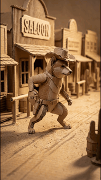 Видео, сгенерированное нейросетью: Single continuous macro tracking shot, 12fps stop-motion craft comedy…