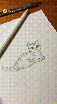 AI generated video: A drawing of a cat drawn on white paper comes to life.