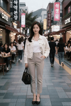 AI generated video: A young woman is standing in the middle of the street, The people in the…