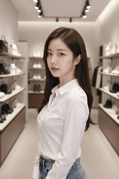 AI generated video: A young woman stands inside a shoe store and slowly turns her body, long hair…