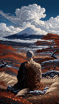 AI generated video: A striking perfect symmetric, closeup serene portrait of a lone buddist monk…