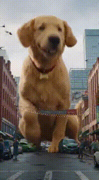 AI generated video: Giant golden retriever puppy terrorizes the streets with its love and…