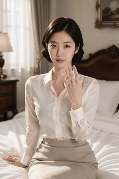 AI generated video: A woman sits on the bed, shows her engagement ring, raises her hand, and, the…