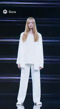 AI generated video: Minimalist artistic depiction, long blonde fashion model, wearing white…