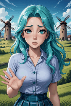 AI generated video: woman upper body, aqua hair, hand palm open, worried, , wearing Plaid button…