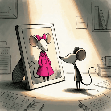 AI generated video: pink dress mouse in a frame is turn around and go away. Mouse looking at her…